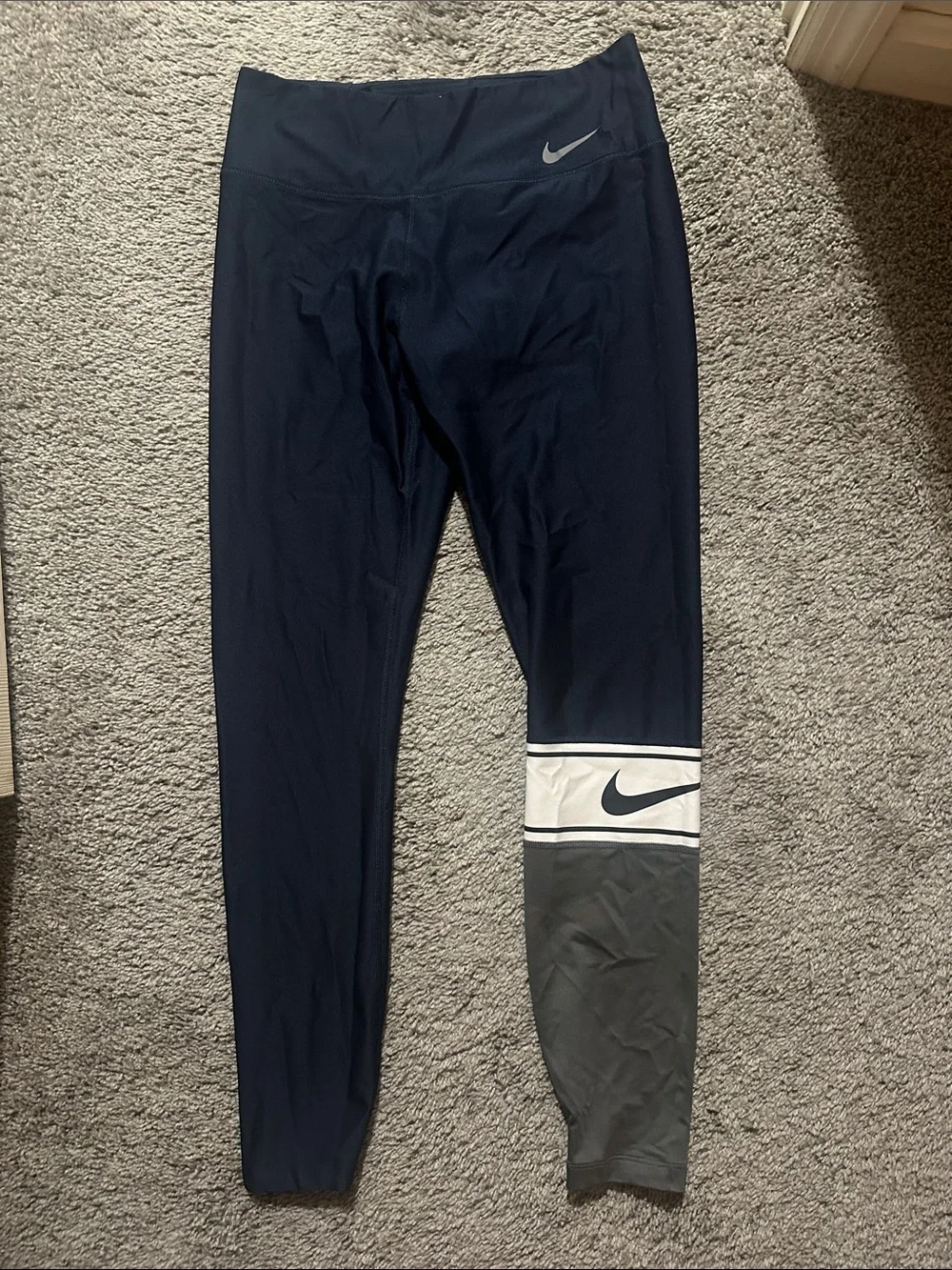 Nike Navy Leggings with White and Gray Accent Panel